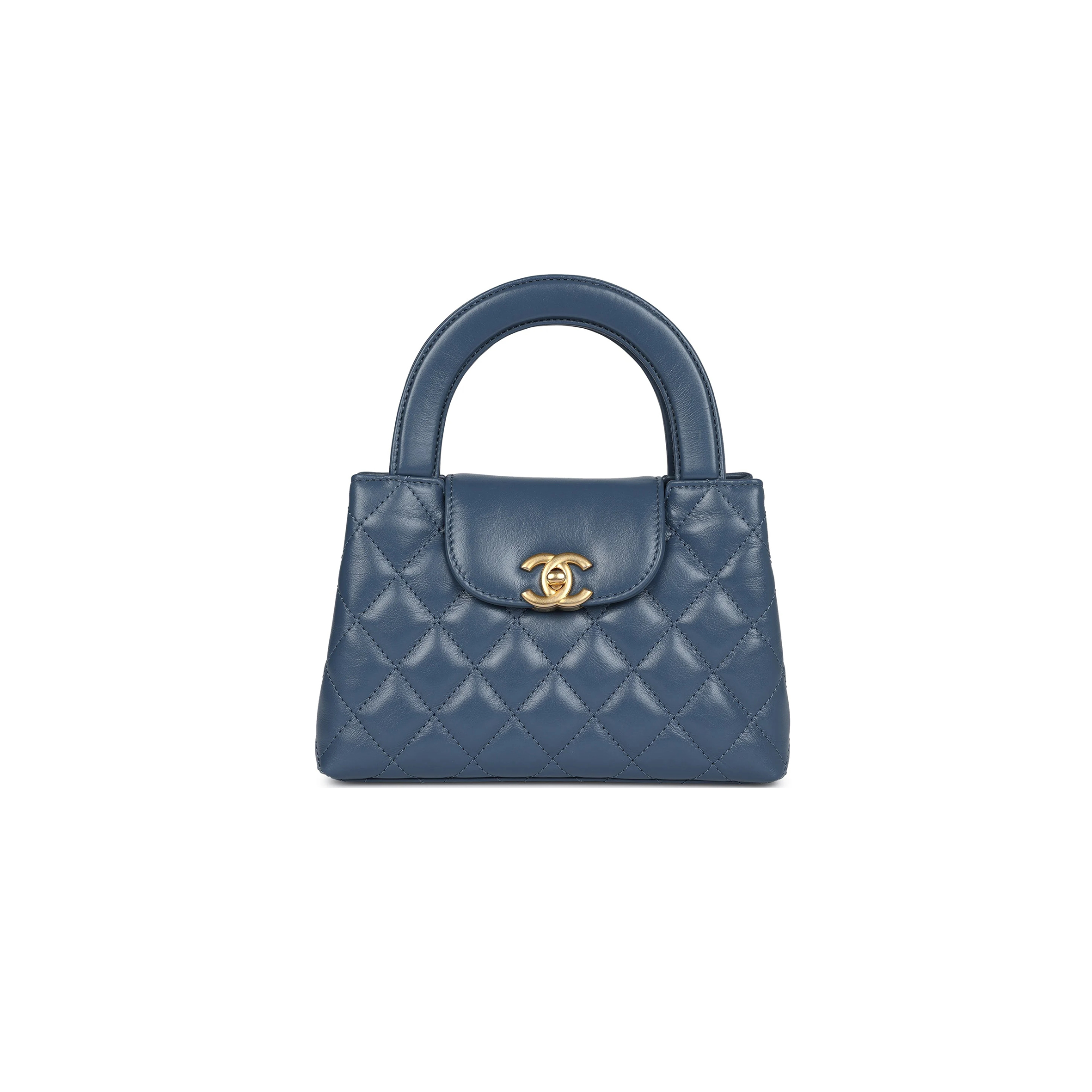 CHANEL KELLY SHOPPER BLUE SHINY CALFSKIN BRUSHED GOLD HARDWARE AS4416 (19*13*7cm)